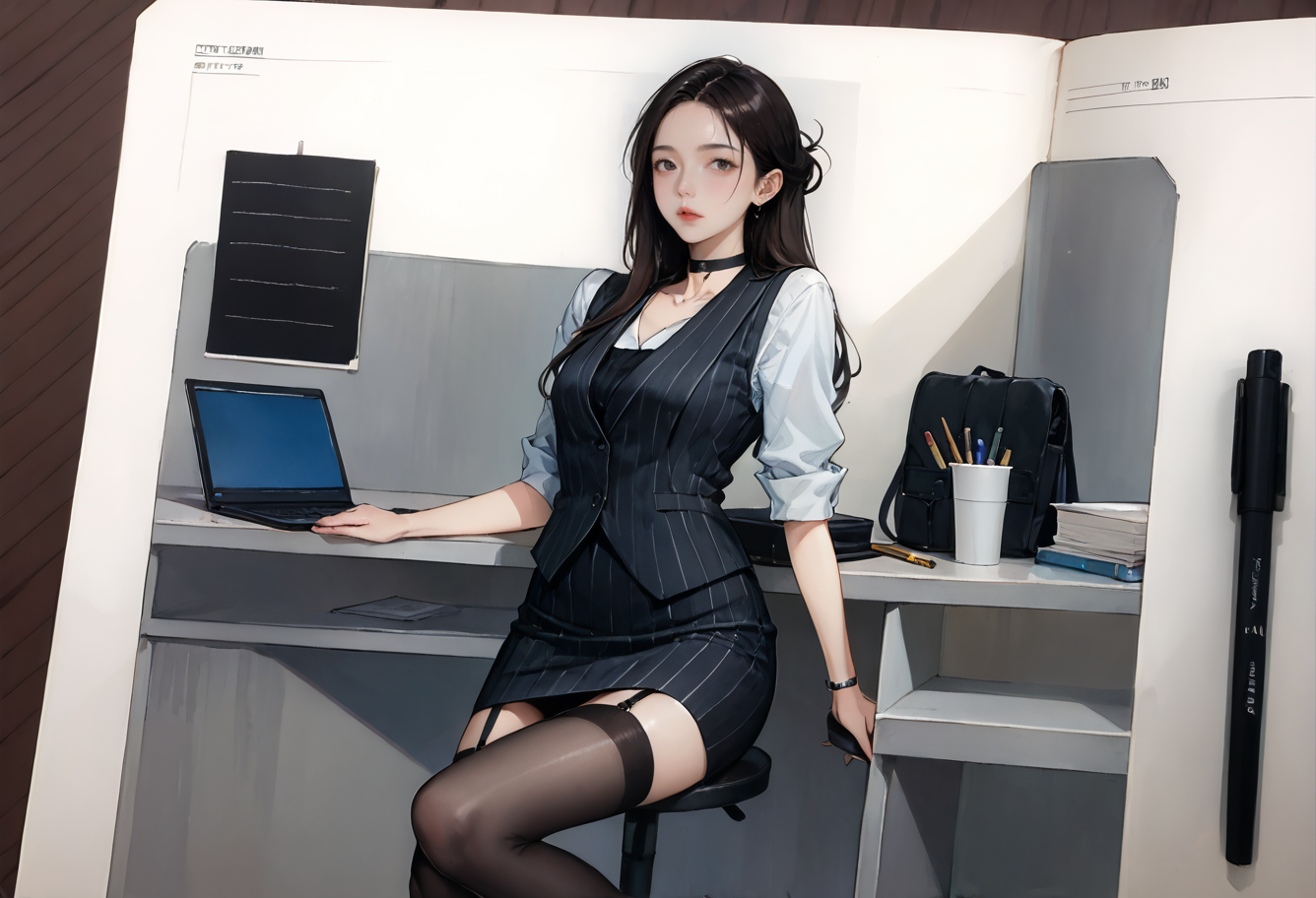 ,ruanyi1353,traditional media,paper,art tools in frame,notebook,full body,,ruanyi1302,vest,black thighhighs,choker,office lady,striped clothes,pencil skirt,garter straps,<lora:1353 hand drawn style_v1_pony:1>,<lora:1302 office lady_v1_pony:1>, score_9,score_8_up,score_7_up,,8k,1girl,solo,,