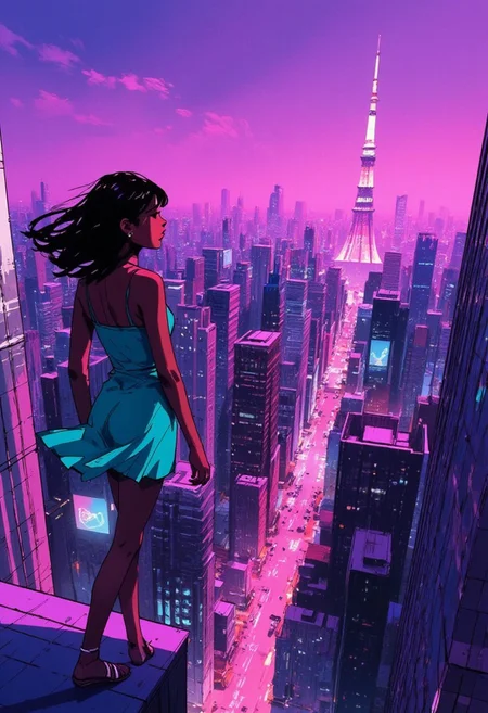 An anime-style GTHAN illustration of an elegant woman perched on the edge of a tall building in Tokyo, gazing toward the iconic Tokyo Tower glowing in the distance. She is leaning slightly forward in a relaxed pose. Her sleek raven-black hair flows naturally in the breeze. She wears a vivid turquoise dress paired with stylish white sandals. The background reveals a dynamic urban Tokyo cityscape, with intricate details of towering skyscrapers, neon-lit billboards, and busy streets alive with movement, captured from a dramatic aerial perspective. The color palette is dominated by vibrant purples and teals, complemented by cool silver and white accents. Soft twilight hues blend with the city’s neon glow, enhancing the lively and futuristic ambiance. The composition emphasizes depth, height, and a sense of scale, creating a thrilling and engaging visual experience.