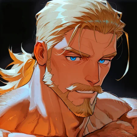<lora:Angriff_Dahlmann__Atelier-000002:.7> ((Angriff Dahlmann, Blonde hair, blue eyes, mustache,)),
upper body, face focus,
(very short hair), male focus, muscular male, muscular male, bara, mature, (hairy body, hairy, body hair, glossy skin, bara, mature, facial hair, beard, full beard, sideburn, mustache, stubble), facial hair, bara, mature, body hair, aixiwuganda_(20222192), very awa, masterpiece, best quality, absurdres, newest, perfect quality, detailed background, intricate details,<lora:slider_Body Type_alpha1.0_rank4_noxattn_last:2><lora:Anime Summer Days 2 Style SDXL_LoRA_Pony Diffusion V6 XL:.6><lora:merged:.7>, DARK, DARK BACKGROUND, LOW-KEY LIGHTING <lora:slider_cfg_scale_boost:.7><lora:Artist6p:.55>, Artist6p, Artist04p,<lora:slider_il_brightness_slider_d1:-1><lora:slider_il_contrast_slider_d1:-.25>,<lora:slider_contract_controller_illus01_v1:.3>, <lora:addon_illustriousXLv01_stabilizer_v1.121:.5>,<lora:slider_DarkSlider1.2_alpha1.0_rank16_full_300steps:-.3>