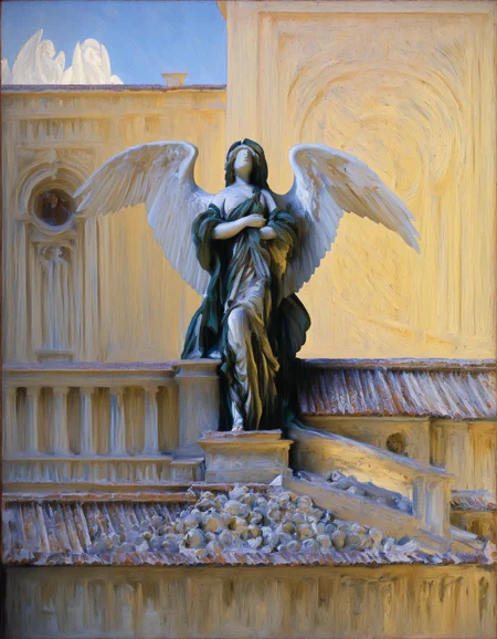artist: sargent, masterpiece, best quality, highres, highly detailed, painting \(medium\), oil painting \(medium\), 
italy, rooftop, marble house, statue of angel, white wings, no humans, <lora:John Sargent Illustrious 0.1-step00000630:1>