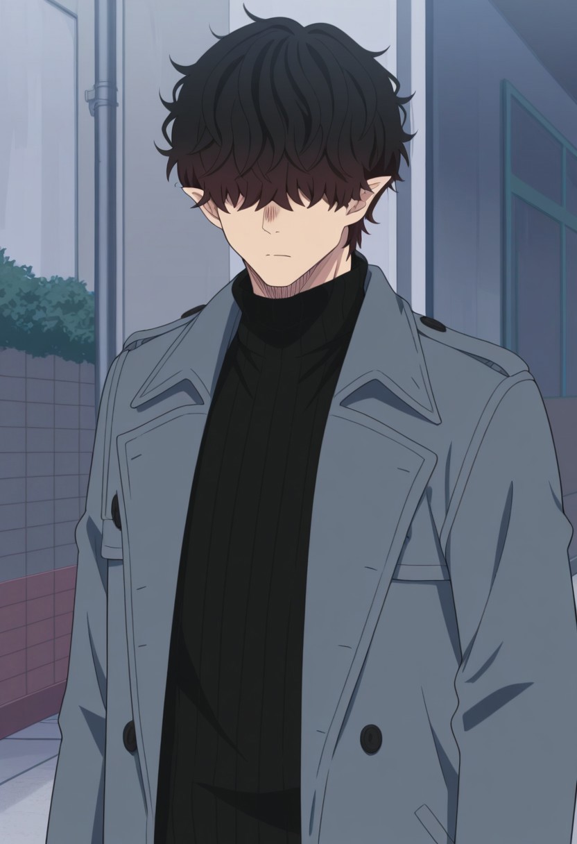 masterpiece,best quality,amazing quality, source_anime, 
Warumonosan, 1boy, male focus, solo, pointy ears, hair over eyes, brown hair, sweater, black sweater, turtleneck, coat, grey coat, open coat,
outdoor,