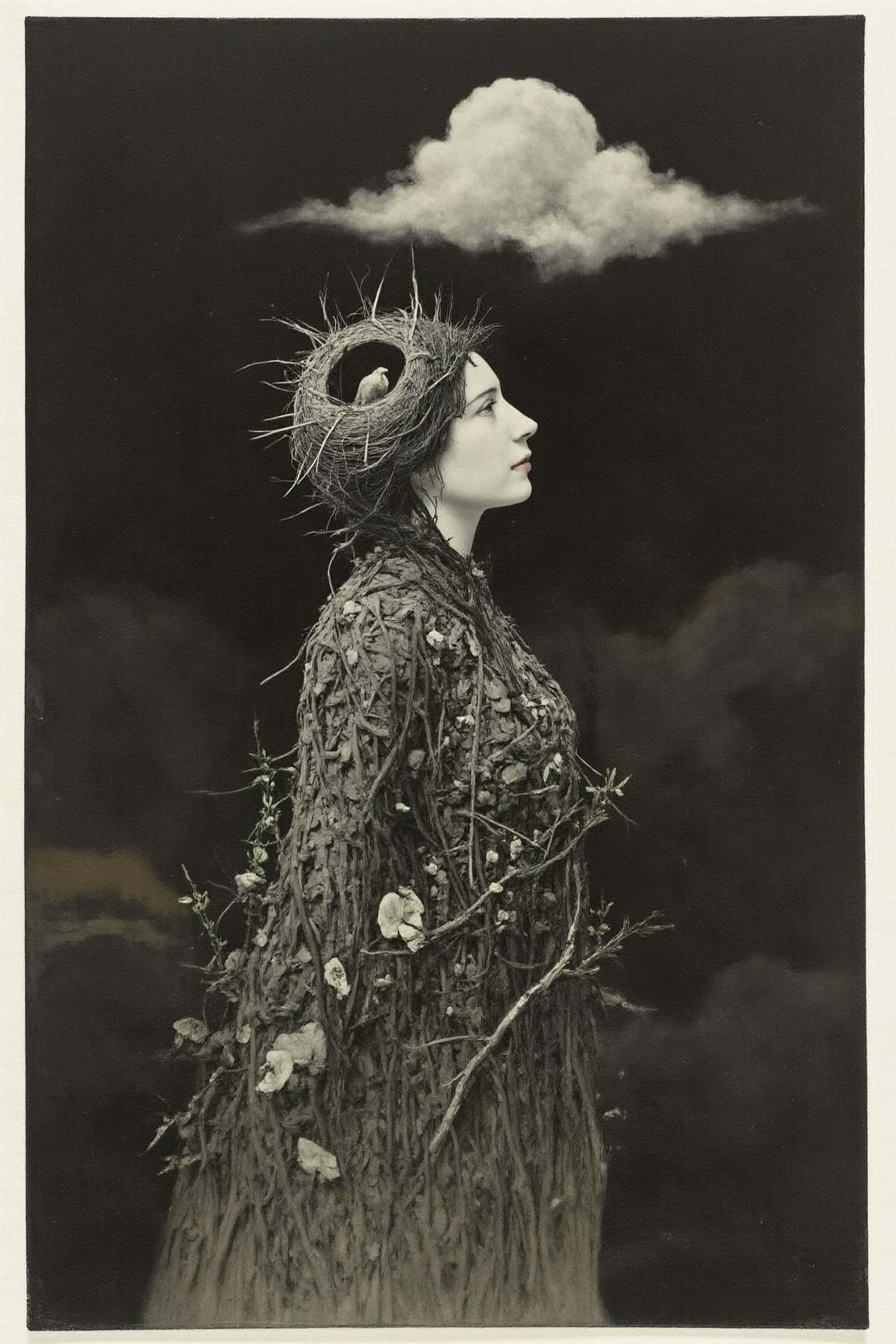 YFG-V1nt A woman stands in side profile, her face calm and mysterious. Her dress is made of thin, black twigs, woven together like fabric but keeping their rough, natural shape. Some twigs stick out, as if caught by the wind. Pale leaves grow in small patches, adding a soft contrast to the dark texture. The dress flows around her, drawn in deep charcoal strokes, blending rough and smooth shading like Japanese ink art.  
Her hair is shaped into a large birdâs nest, each strand layered with careful brushstrokes. The nest looks both natural and surreal, merging into her form. A single bird perches inside, its feathers drawn with delicate ink lines, standing out against the dark tones.  
The background is a vast black space with swirling ink-like textures. A single, large cloud floats behind her, painted with soft, fading brushstrokes. It appears light and dreamlike, its edges blending into the darkness. The mix of charcoal depth and flowing ink details creates a surreal, timeless feeling, where reality and dreams seem to merge. vantablack