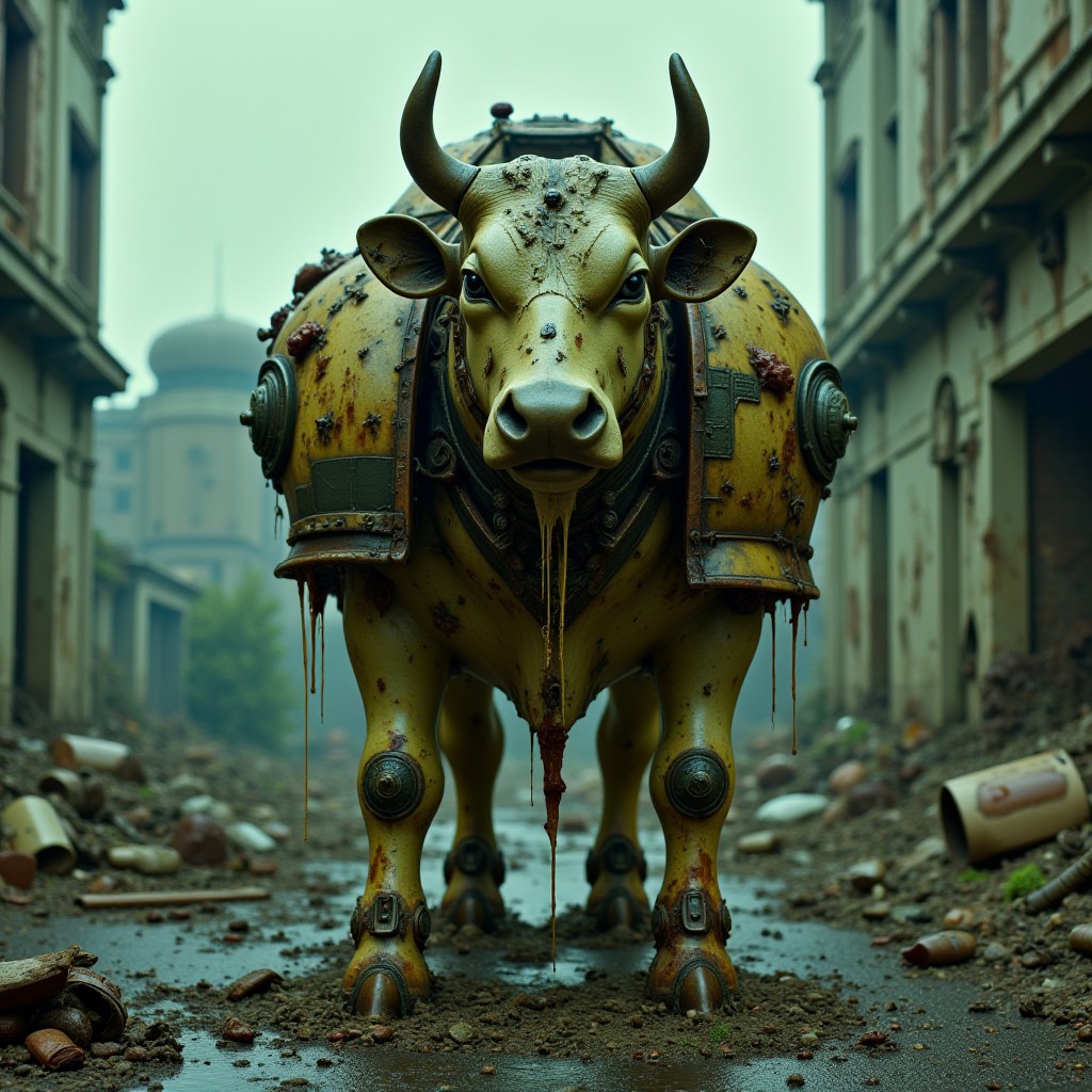 a photorealistic depiction of a sculpture of a cow touched by Nurgle, the cow sculpture is altered to look decaying and rotten. It wears tattered and rusted pieces of armor and shoulder-pads in the style of Warhammer Space Marines. Its mouth hangs open slack-jawed with a dark empty look in its eyes. It stands on nothing among the junk and rubble.
The scene is a grim depiction of a ruined wasteland of a city far into the future, the overall color scheme of the image is bleak with a slight green misty theme. The sky is dark and overcast, further enhancing the eerie atmosphere. The textures of the worn and ruined surrounding buildings are intricately detailed, the architecture is rendered with high detail