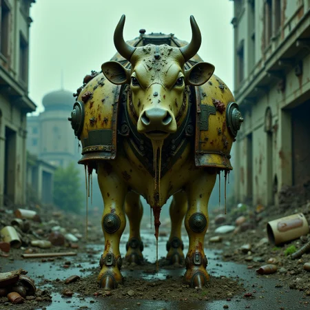 a photorealistic depiction of a sculpture of a cow touched by Nurgle, the cow sculpture is altered to look decaying and rotten. It wears tattered and rusted pieces of armor and shoulder-pads in the style of Warhammer Space Marines. Its mouth hangs open slack-jawed with a dark empty look in its eyes. It stands on nothing among the junk and rubble.
The scene is a grim depiction of a ruined wasteland of a city far into the future, the overall color scheme of the image is bleak with a slight green misty theme. The sky is dark and overcast, further enhancing the eerie atmosphere. The textures of the worn and ruined surrounding buildings are intricately detailed, the architecture is rendered with high detail