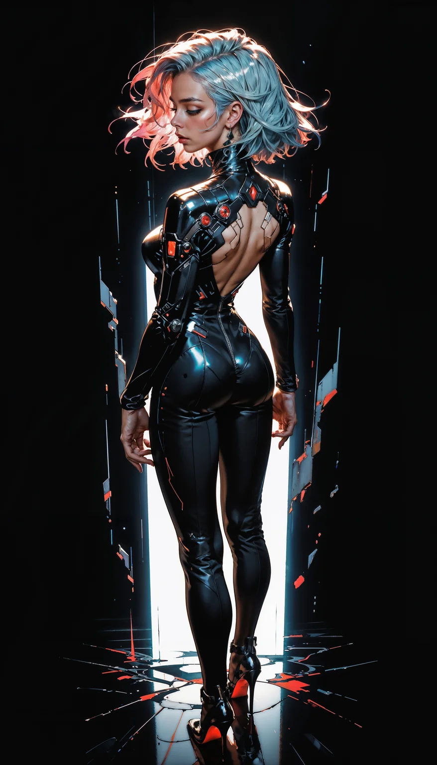 score_9, score_8_up, score_7_up, score_6_up, score_5_up, score_4_up, source_anime, Best quality, Depth of field, Back view, blue and white color theme, anime style, Beautiful face and skin, Single woman, Cyberpunk city, standing, From above, Short hair, Closed mouth, Glossy lips, Shiny eyes, Slanted eyes, leather suit, High heels, Model pose, Dynamic pose, Hands behind body, Simple background, Neon lights, Backlit lens flare <lora:Expressive_H-000001:0.6>, expressiveH <lora:g0th1cPXL:0.4> <lora:incase_style_v3-1_ponyxl_ilff:0.3> <lora:sinfully_stylish_SDXL:0.4>