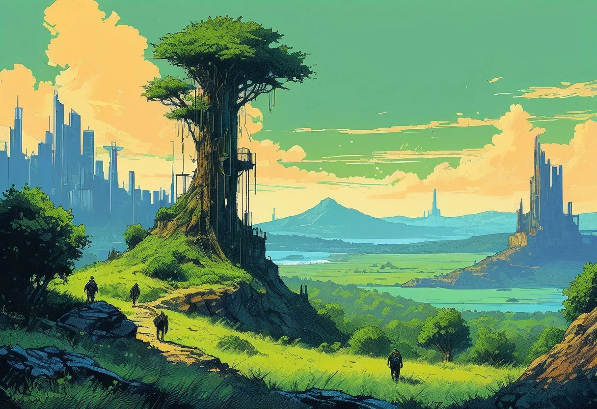 <lora:kallmekris:0.5> kallmekris mixed with <lora:esme_sdxl:0.5>1 man, a lone ranger, walking through a lush valley, A journey, in a post-apocalyptic city, orange city, sand area, with overgrown buildings, nature reclaiming the urban landscape , post apocalypse, archeology, treasure hunt, ancient ruins, stone, , rocks, a cascading waterfall in the background. towering ancient trees, creepers, glowing plants, blue glowing lights, neon, neon light, and a distant light guiding the way, blue sky, green environment cinematic, epic, digital painting, colorful, green, blue, dark colors, details, adventure, oil painting, palette knife soft brushstrokes, heavy strokes, dripping paint, art station on trend, sharp focus, intricate details, highly detailed ,art by enki bilal, art by philippe druillet, art by moebius, inspired by french comics art ,art by Jakub Rozalski,