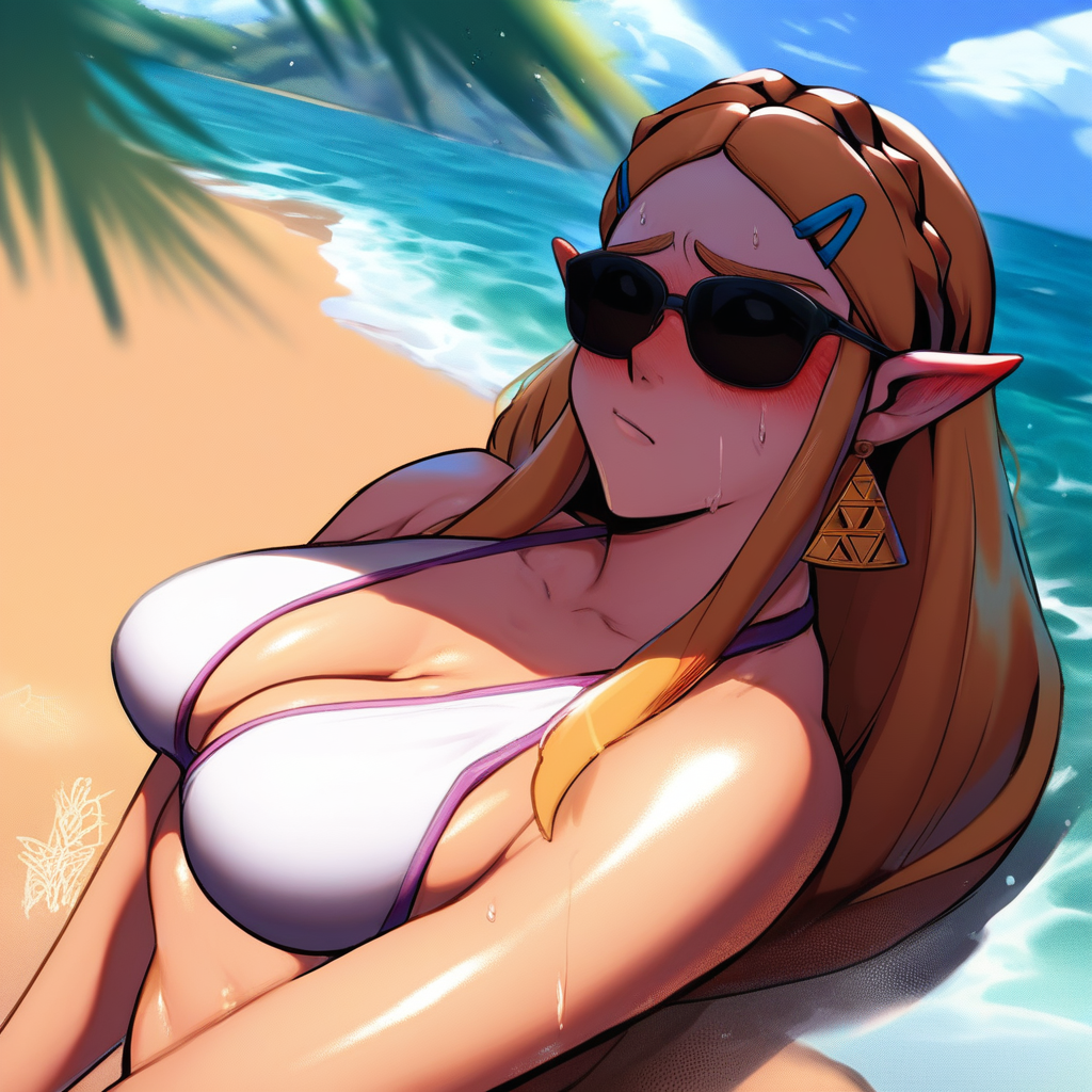 source_anime, colorful, score_9, score_8_up, score_8, 1girl, Princess Zelda, N44V5STYL3V1, BREAK, 1woman, long hair, milf, (detailed face), (detailed skin), detailed eyes, curvy, perky breasts, swimsuit, sunglasses, flushed skin, blushing, shiny skin, sweat, beach, sand, waves, water, sunlight
