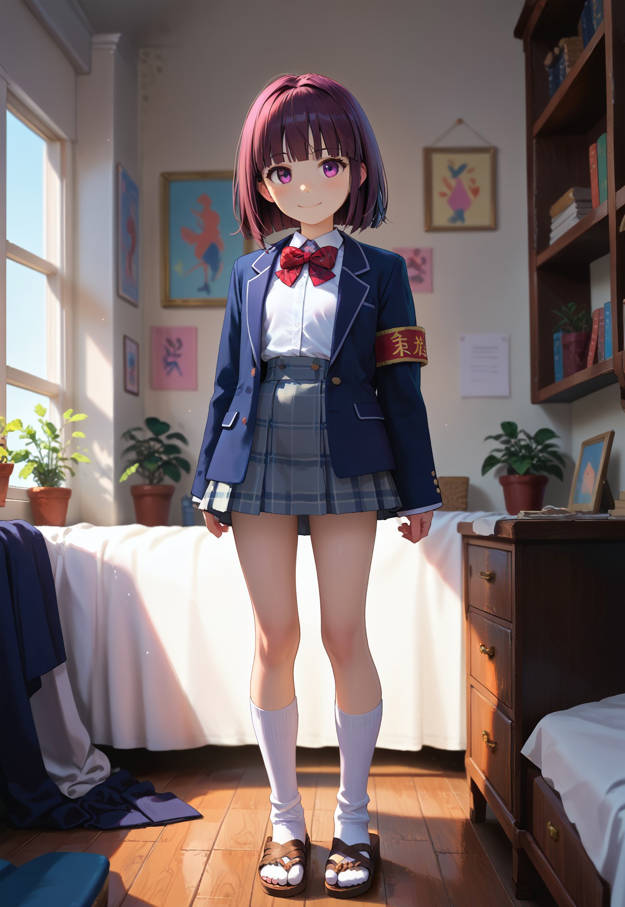score_max, (score_9, score_8_up, score_7_up:1.2), score_6_up, official art, masterpiece, zPDXL3, absurdres, high detail, 8k,
indoors, standing, light smile, blush, 1girl, akisa, school uniform, blazer, armband, long sleeves, sleeves past fingers, red bowtie, white shirt, pleated skirt, plaid skirt, grey skirt, white socks, sandals, PRSNL_3_1 (petite, flat chest, skinny:1.2), little, girl, cute, innocent
