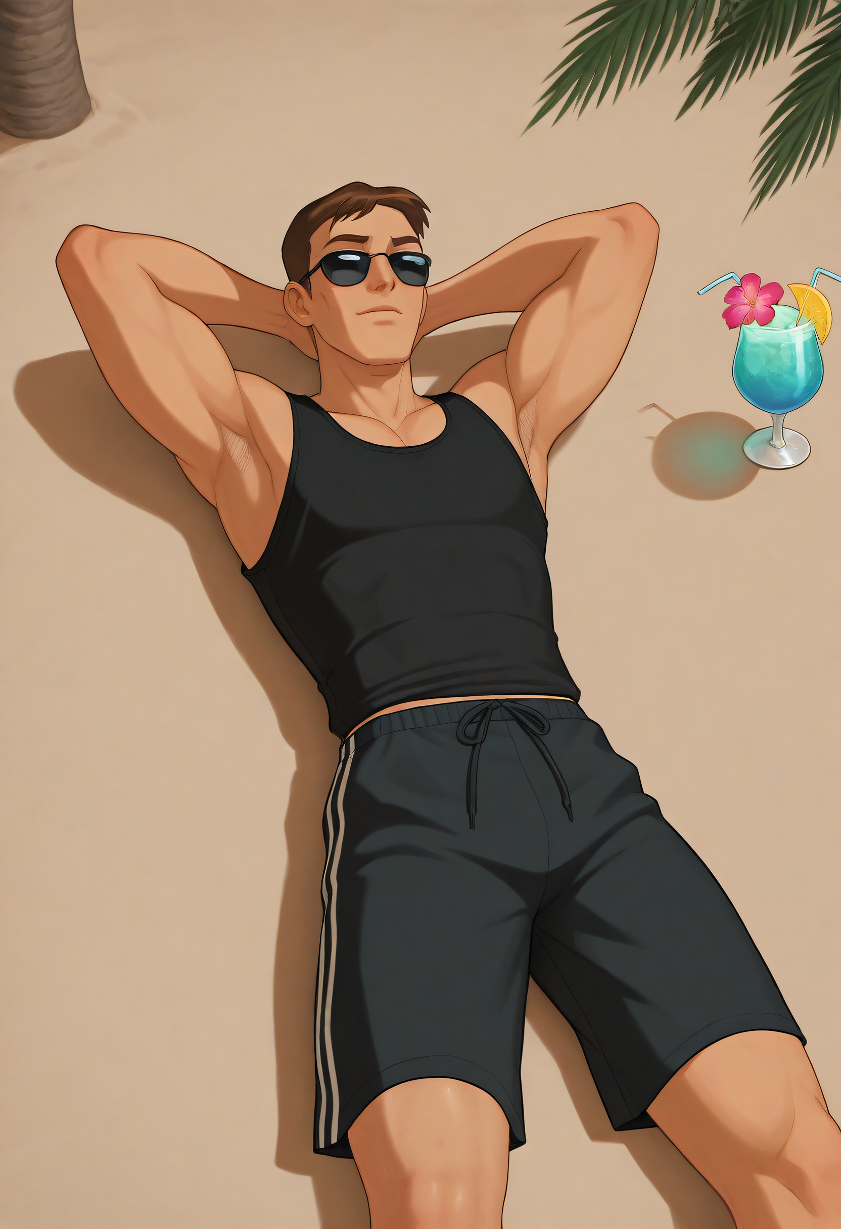 embedding:Illustrious\Positive\IllustriousQual, embedding:Illustrious\Positive\IllusP0s, 1boy, timscam_ts!, brown hair, short hair, green eyes, black tank top, armpit, swim trunks, black sunglasses, arms behind head, lying, on back, beach, sand, palm trees, tropical drink, relaxing, from above, aerial shot, best quality, high resolution, masterpiece.