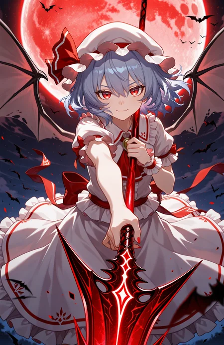 (1girl,solo),remilia_scarlet,looking_at_viewer,frilled_shirt,white collared shirt,happy,cowboy_shot,(holding weapon,spear_the_gungnir,incoming_attack,dynamic pose),red light,bat_wings,mob cap,red moon,night,dark,bat,flying,