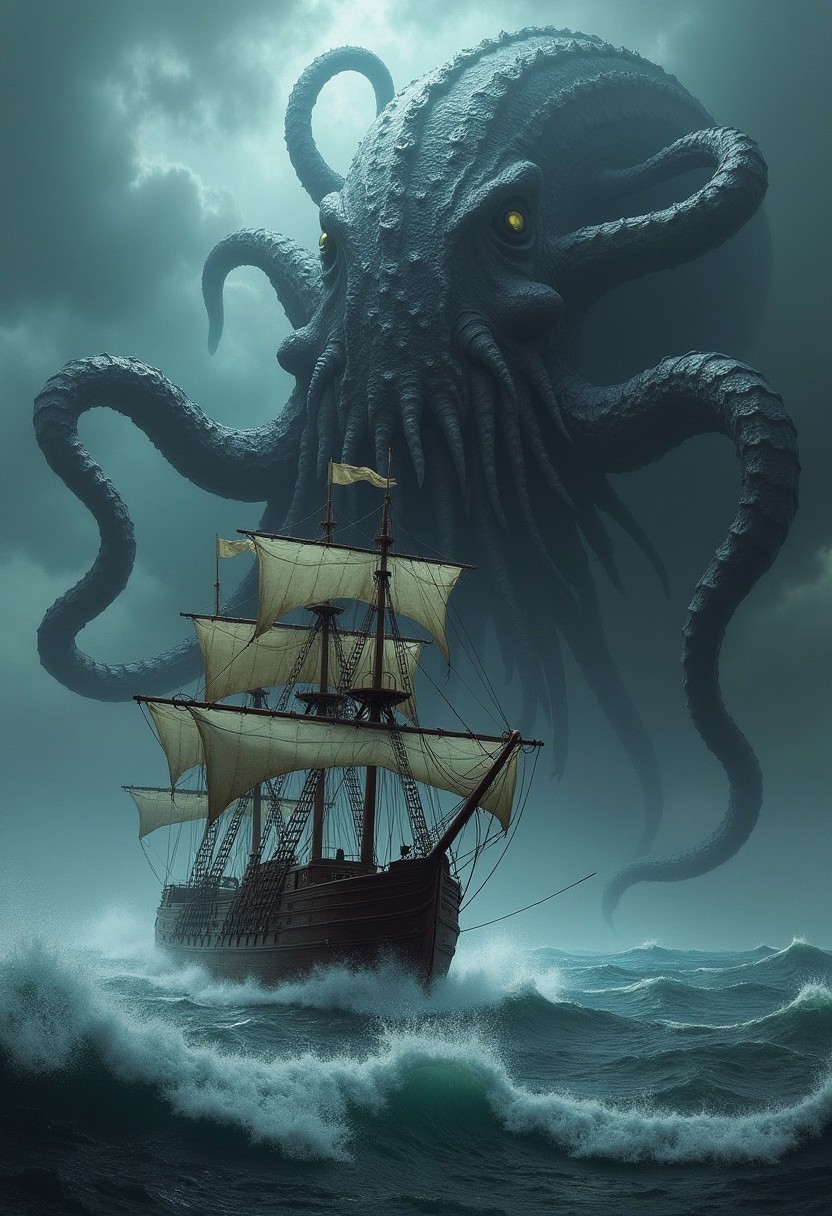 A towering oceanic kraken looming over a Victorian-era ship caught in a stormy sea. The kraken's massive tentacles are wrapped around the ship's masts, while its huge eyes gleam with an eerie light. The ship is detailed with intricate woodwork and sails torn by the storm. The sea is tumultuous, with high waves and dark, ominous clouds in the background.