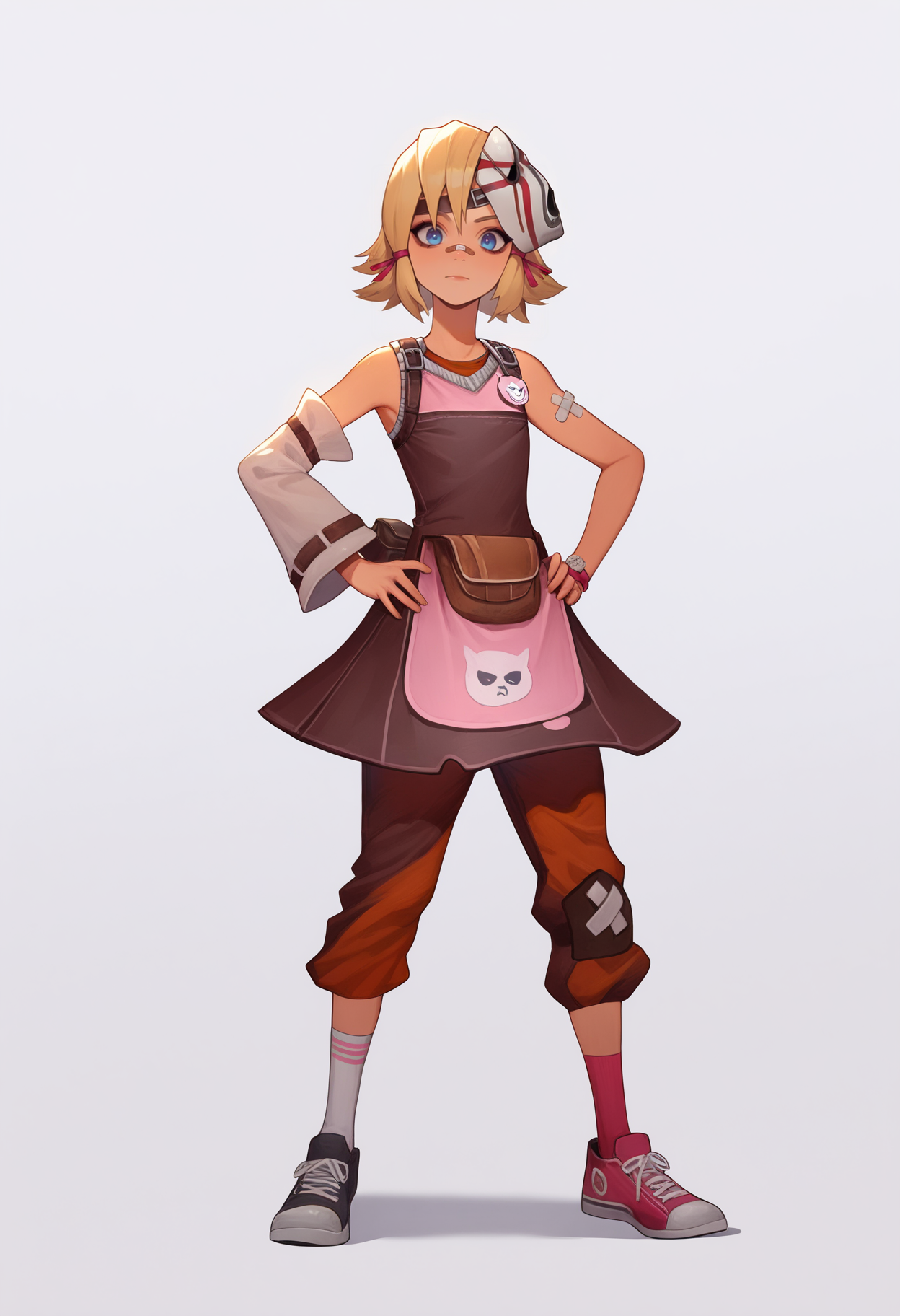 masterpiece, best quality, very aesthetic, absurdres,
1girl, tinytina, blonde hair, short hair, blue eyes, mask on head, bandaid on nose,
apron, detached sleeves, pants, sneakers, 
full body, standing, hands on hips,
looking at viewer, solo, simple background, white background  <lora:TinyTinaNoobXL_byKonan:1>