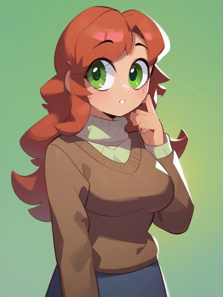 score_8_up, [:anime:0.4], portrait,  detail face,  large eyes, woman standing,  green eyes, 
medium breasts, sweater, skirt,  motherly, [:photorealism:0.5]