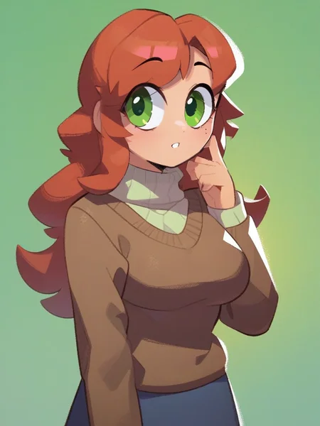 score_8_up, [:anime:0.4], portrait,  detail face,  large eyes, woman standing,  green eyes, 
medium breasts, sweater, skirt,  motherly, [:photorealism:0.5]