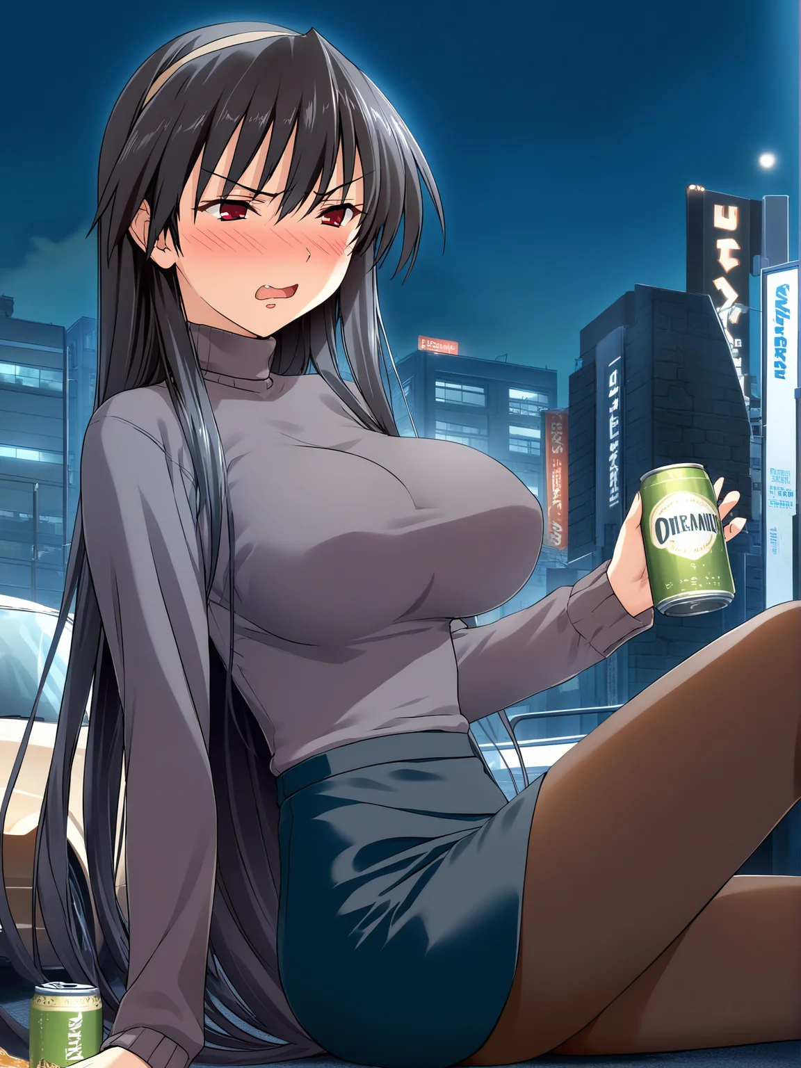 masterpiece, best quality, high quality, aesthetic, absurdres, insanely detailed,
1girl, solo, pantyhose, beer, very long hair, blush, alcohol, red eyes, drunk, black hair, can, night, hairband, sweater, motor vehicle, large breasts, car, sky, building, turtleneck, brand name imitation, sitting, drink can, city, open mouth, cross, angry,
<lora:nekonyan-style-xl_v1.0:1>