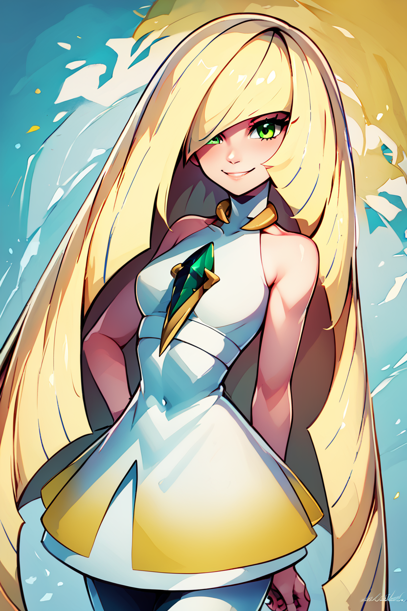 score_9, score_8_up, score_8, medium breasts, (curvy), cute, eyelashes,       ,,, , ,,, zzLusamine, green eyes, hair over one eye, blonde hair, long hair, very long hair, white dress, sleeveless dress, bare arms, bare shoulders, diamond (shape), green gemstone,  <lora:Lusamine_Pokemon_PDXL:1.0>,  ,,,, BREAK, smile, looking at viewer, ,,, abstract background, white outline, cowboy shot, ,,, embedding:zPDXL, Expressiveh, ,,, <lora:CatalystStylePDXL:0.6>, <lora:SDXLFaeTastic2400:0.5>, <lora:Expressive_H-000001:0.4>,