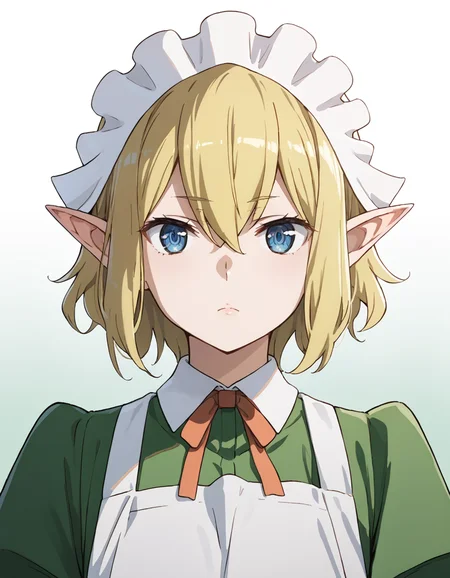 score_9, score_8_up, score_7_up, source_anime, BREAK
1girl, gradient background, solo, looking at viewer, upper body,
closed mouth,
ryuu lion, short hair, blonde hair, hair between eyes, pointy ears, blue eyes,
waitress outfit, maid headdress, neck ribbon, green dress, collared dress, white apron, juliet sleeves, 
<lora:ryuu_lion_anime_v2-soralz:1>