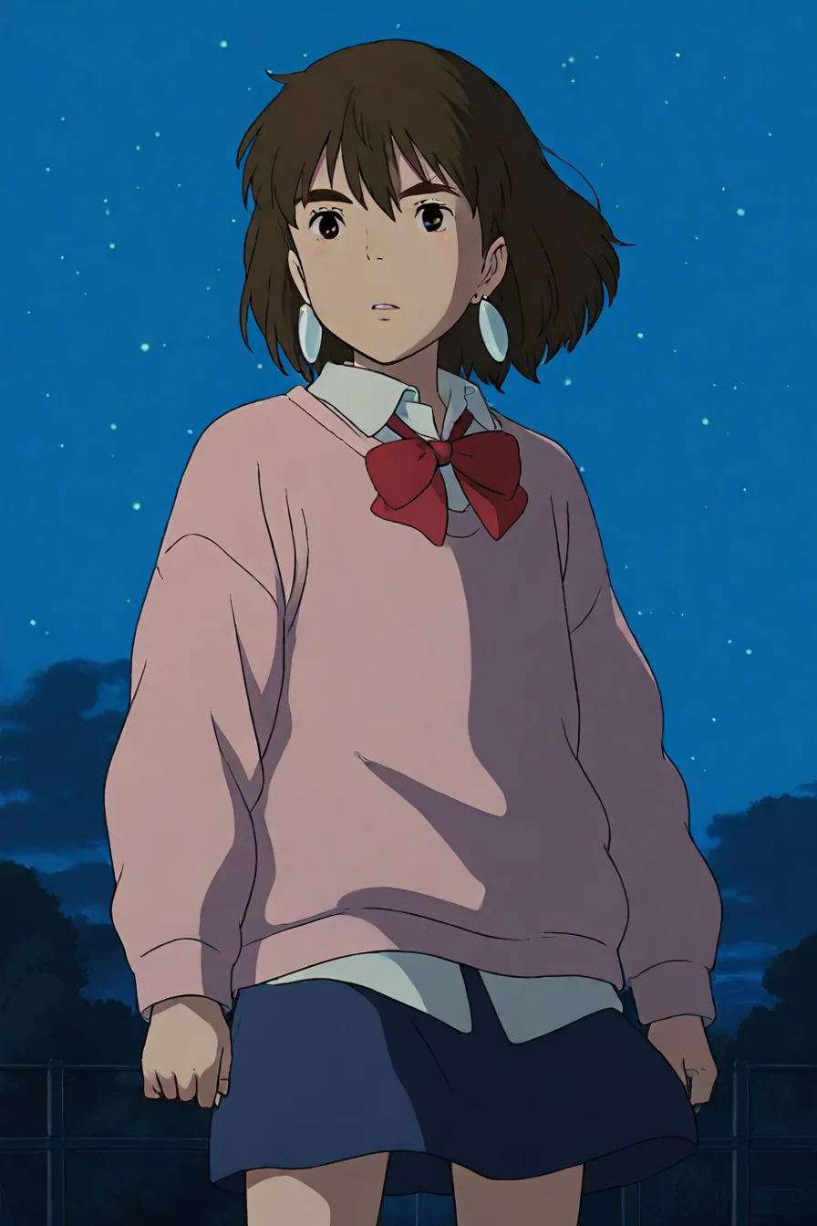 score_9, score_8_up, score_7_up, score_6_up, score_5_up, score_4_up, <lora:Momo_Ayase_Dandadan_V1:0.8> KJOmomo, brown hair, dark eyes, medium hair, hair between eyes, thick eyebrows, earrings, white collared shirt, oversized pink pullover, long sleeves, red bow, blue short skirt, untucked shirt, <lora:ghibli_style_illustriousXL:1>, 1boy, ghibli_style, solo, alone, masterpiece, highres, night, sky, starry_sky