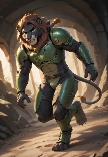 score_9, score_8_up, score_7_up,
1boy, solo, torso view,<lora:Anthro_Lionlioness_PONY_XL:1>,
(anthro lion:1.2), lion male, black fur, fangs, claws, wearing green sci-fi armor, green Metroid armor, black fur, brown mane, <lora:Furry_Lora_Panther:0.8>((masterpiece)), ((best quality)), (detailed), cinematic, dynamic lighting, soft shadow, inside a dark cave, , highly detailed, dark environment,, dynamic pose, running, dodging laser fire, blood on armor, dynamic views, dutch angle,