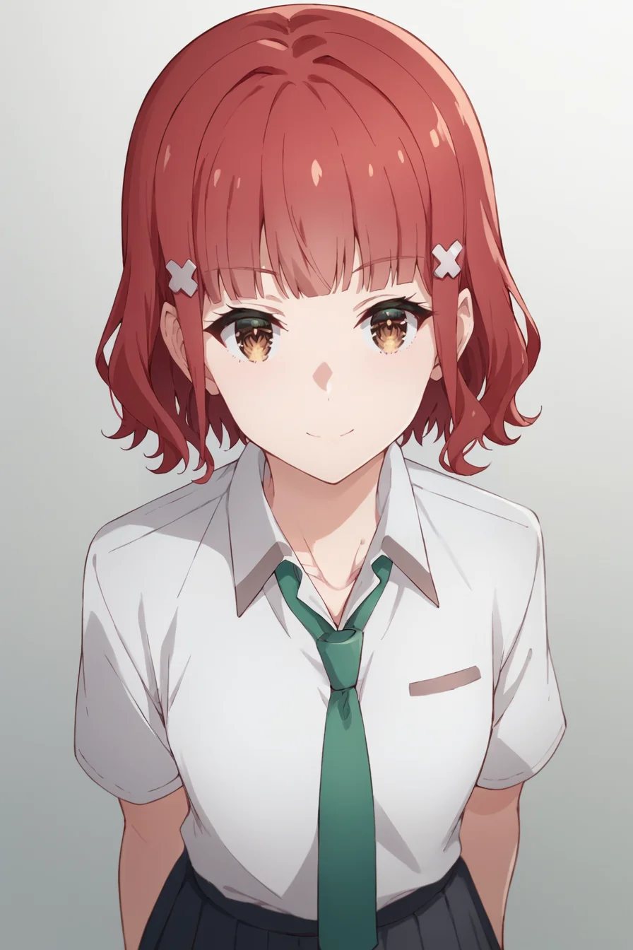 score_9, score_8_up, score_7_up, source_anime, detailed eyes,
1girl, solo, looking at viewer, gradient background, light smile, arms at sides, upper body, (from above:1.2),
<lora:maaya_narasaka_anime-soralz:0.8>,
maaya narasaka, red hair, short hair, blunt bangs, x hair ornament, brown eyes,
school uniform, white collared shirt, green necktie, short sleeves,