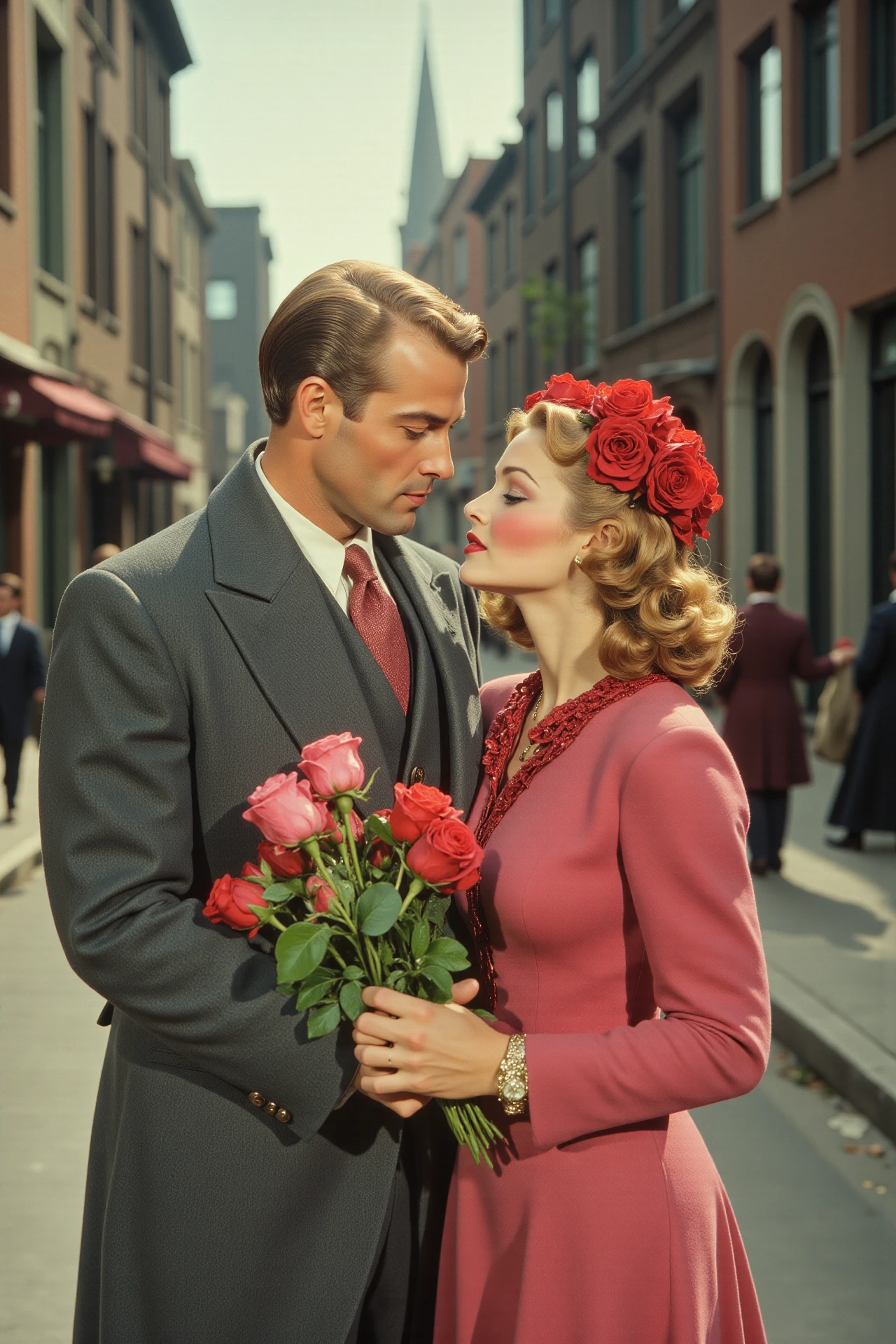 A man in love kissing and offering his girlfriend a bouquet of roses on Valentine's Day in the street  on Valentine's Day beautiful  landscape, day, very intricate, very detailed, sharp, bright, colorful, <lora:Hand v2:0.5> <lora:Anti-Blur:1><lora:Insane Detail Slider:0.25>  <lora:flux.1_lora_flyway_Epic-detail_v2:0.3> <lora:fluxenhancer:0.25> <lora:30sTechnicolorMovieV2:1> ArsMovieStill, movie still from a 1930s technicolor movie