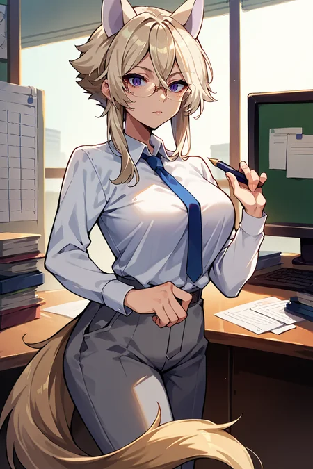 score_9, score_8_up, score_7_up, score_6_up, source_anime, 1girl, solo, <lora:zeta-pdxl-nvwls-v1:1> kageZ, blonde hair, animal ears, tail, large breasts, white shirt, collared shirt, necktie, long sleeves, grey pants, glasses, office, looking at you, holding pen