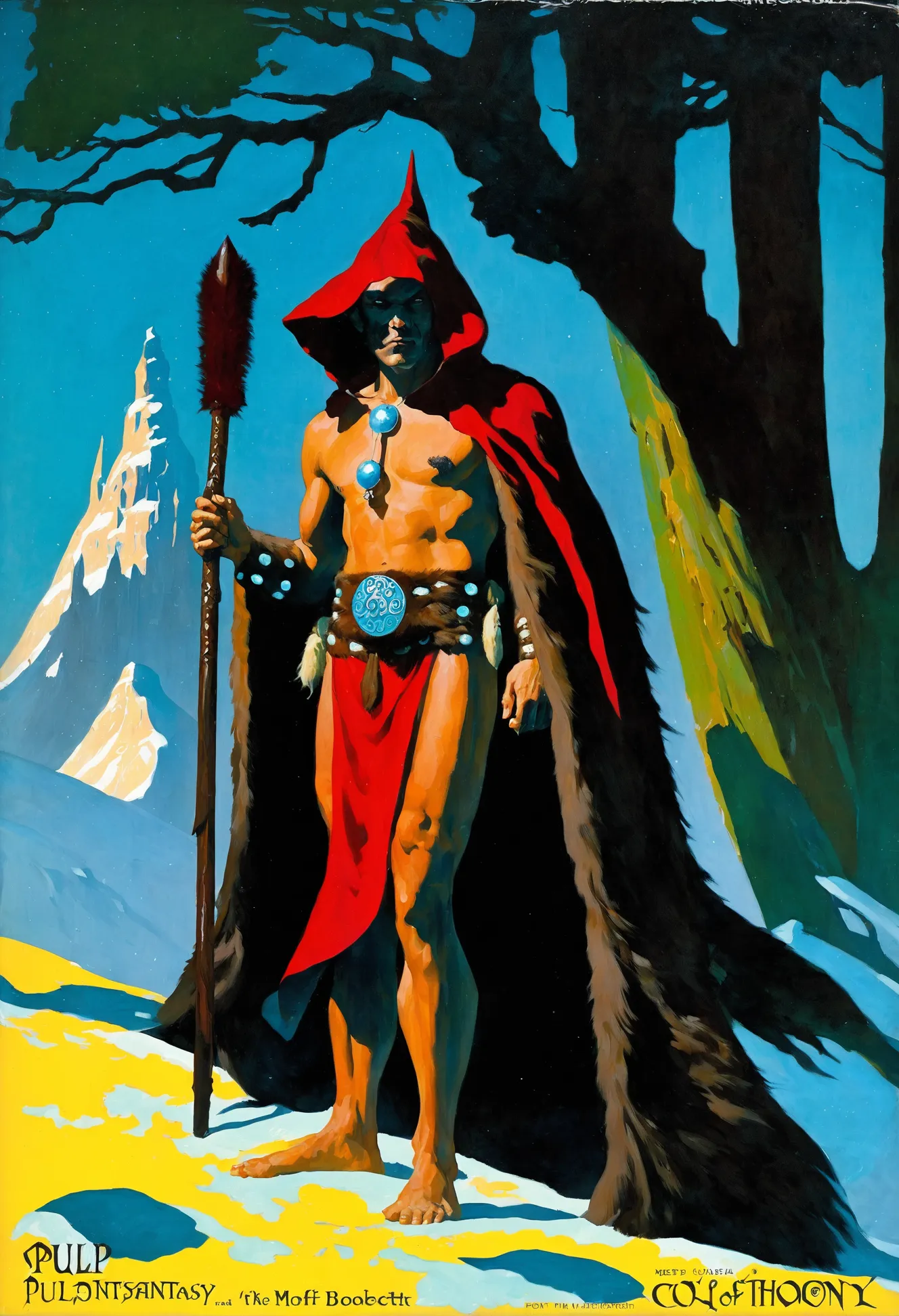 pulp fantasy art, fur loincloth,hooded cloak,mystic monk, <lora:EnvyPulpFantasyXL01:1:1:lbw=ALL>
