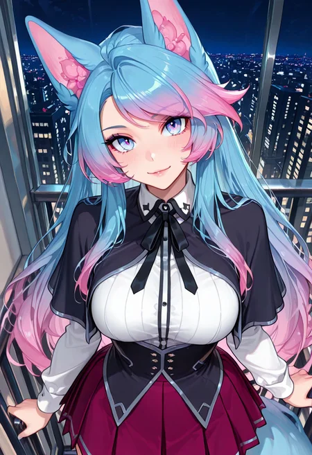 masterpiece, best quality, good quality, very aesthetic, absurdres, detailed eyes,
BREAK
silvervale, fox ears, tail, gradient hair, multicolored hair, blue hair, pink hair, blue eyes,
BREAK
school uniform, black capelet, white shirt, neck ribbon, black ribbon, long sleeves, black corset, red skirt, pleated skirt,
BREAK
balcony overlooking the city, modern city, city view, night,