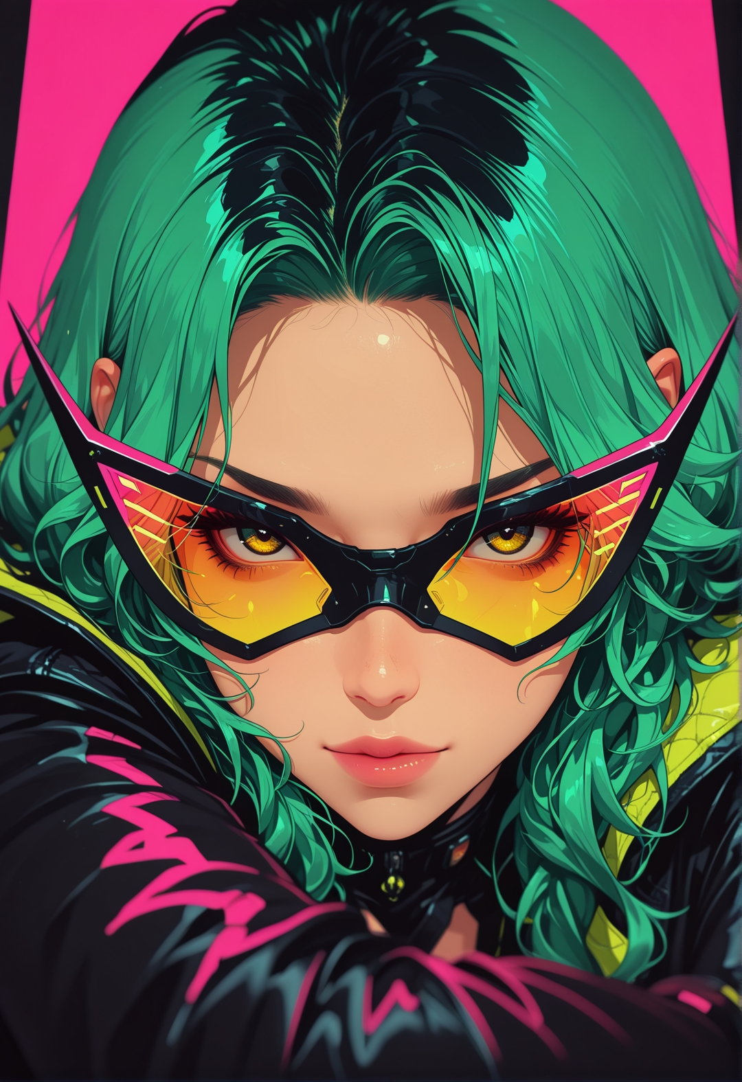 <lora:ck-shadow-circuit-IL:0.78>,
masterpiece, best quality, good quality, very aesthetic, absurdres, newest, 8K, depth of field, focused subject,
 close up, stylized, in black and neon shades, wabi sabi, 1girl, rogue, dynamic angle, relaxing
<lora:MoriiMee_Gothic_Niji_Style_Illustrious_r1:0.45>
<lora:ck-nc-cyberpunk-IL-000011:0.4>
<lora:ck-neon-retrowave-IL:0.8>