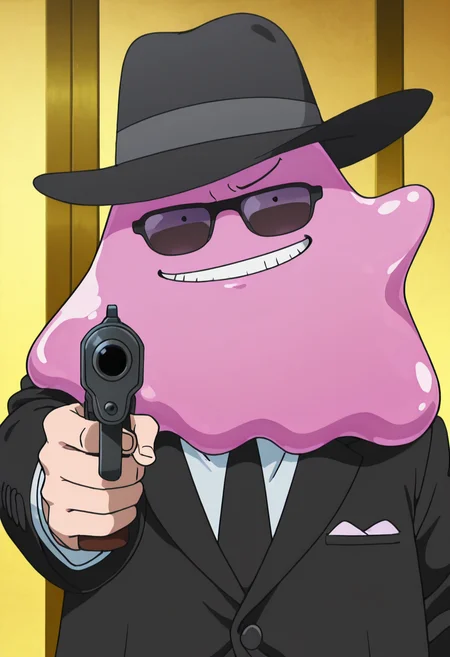 masterpiece, best quality, anime screencap, solo, no humans, zzDitto, smug, smile, teeth, sunglasses, suit, necktie, black hat, mafia, gun, aiming at viewer, ,<lora:DittoPokedex_IXL_v1:1.0>,