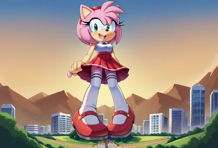 score_9, score_8_up, score_7_up, score_6_up, score_5_up, score_4_up, j3n, 1girl, solo, Full body, female, petite, furry, Amy Rose, furry, pink hair, pink fur, medium breasts, green eyes, animal nose, pleated skirt, white shirt, red skirt, white thighhighs, sleeveless, collared shirt, red shoes, mary janes, red hairband, standing, smile, vary low angle, ((macro)), ((giantess)), outdoors, ((sunshine)), ((sunny day)), ((bright light)), in the city, full body, natural round breasts, perfect face, focus on furry, shy face, wide hips, cleavage crease, (sexy perfect face), looking down at viewer, sexy, highly detailed, (cute girl), Expressiveh, perfect eyes, ((medium breasts)), long legs,giant feet, (shrunken city :1.3), (shrunken cityscape:1.3), landscape, masturbation, orgasm face, sitting, blue sky, daytime,foot focus, view from ground