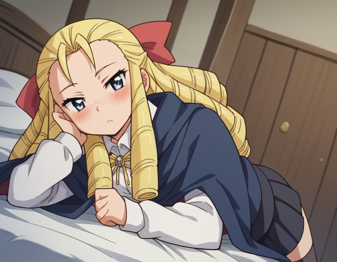 score_9, score_8_up, score_7_up, source_anime,
montmorencymargaritalaferedemontmorency, <lora:montmorency-margarita-la-fere-de-montmorency-s3-ponyxl-lora-nochekaiser_r2:1>,
montmorency margarita la fere de montmorency, long hair, blonde hair, bow, hair bow, drill hair, forehead, freckles, hair pulled back, ringlets,
skirt, thighhighs, long sleeves, collared shirt, white shirt, black skirt, cape,
indoors, bed, bed room, on side, blush, drunk,
looking at viewer, cowboy shot, solo, dutch angle