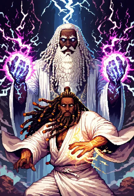masterpiece, best quality, newest, absurdres, highres, DPAV1.0, pixel art,
1boy, dark skin, dark-skinned male, dredlocks, white dreadlocks, african, african male, beard, blind eyes, empy eyes, white eyes, glowing eyes, monk, white robe, dynamic pose, glowing veins, thunder, lightning, magic, lightning magic, combat stance, fighting stance,