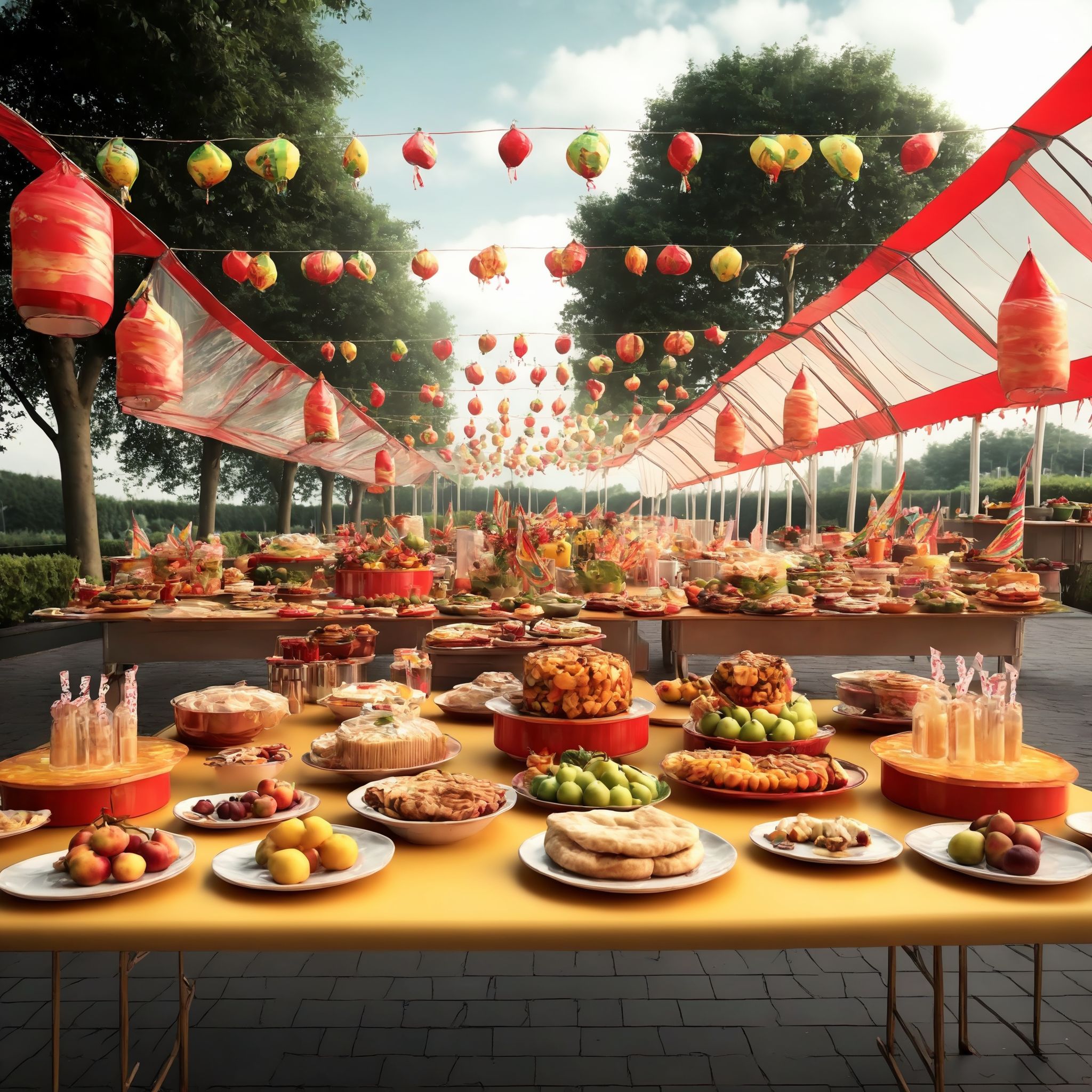 A large outdoor buffet scene, with tables laden with delicious food, snacks, flags, and adorned with hanging lanterns. The setting could be a festive gathering, garden party, or outdoor celebration, with guests mingling and enjoying the feast. The scene should be as realistic as a high-resolution photograph, with warm and inviting lighting that highlights the abundance of food and the decorative elements, creating a joyful and welcoming atmosphere,<lora:buybuy3:0.75>, BestQuality / (extremely detailed CG unity 8k wallpaper), best quality, masterpiece , hdr, best quality, ultra highres