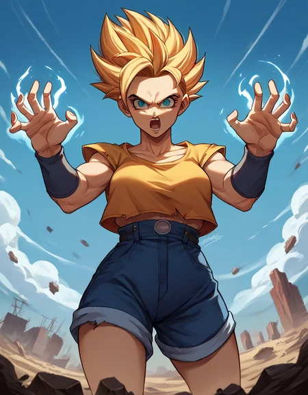score_9, score_8_up, score_7_up, source_anime, <lora:super-saiyan-ponyxl-lora-nochekaiser:1>, super saiyan, spiky hair, aura, open mouth, closed hands, shouting, breast,
<lora:high-waist-shorts-ponyxl-lora-nochekaiser:1>, high-waist shorts,
wasteland, sky, blue sky, clouds,, cowboy shot, dutch angle, looking at viewer,