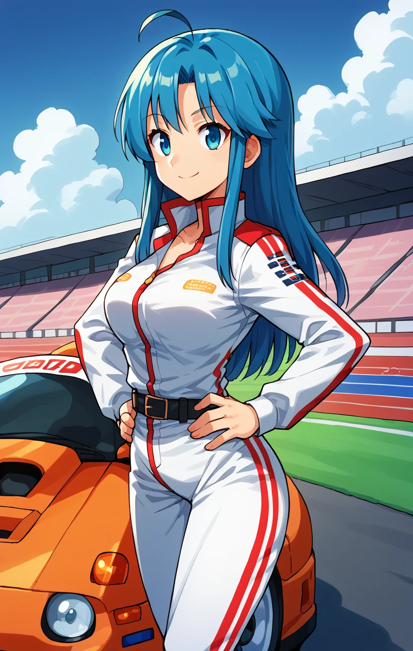 score_9, score_8_up, score_7_up, BREAK best quapoty, highres, absurdres, source_anime, 1girl, solo, upper body, race car, stadium, road, CCClarice, smile, ahoge, white jumpsuit,boots, belt, hands on hip, <lora:CCClarice_PDXL-000005:1>