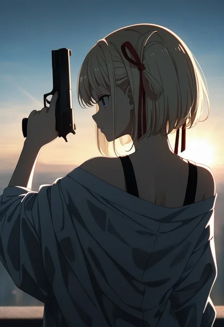 masterpiece, newest, absurdres, incredibly absurdres, best quality, amazing quality, very aesthetic, Chisato Nishikigi \(lycoris recoil\),
From behind ,profile,  extended arm, holding handgun, arm up, bare shoulder, upper body, looking side, cinematic lighting, hair ribbon , simple background, white gradients background