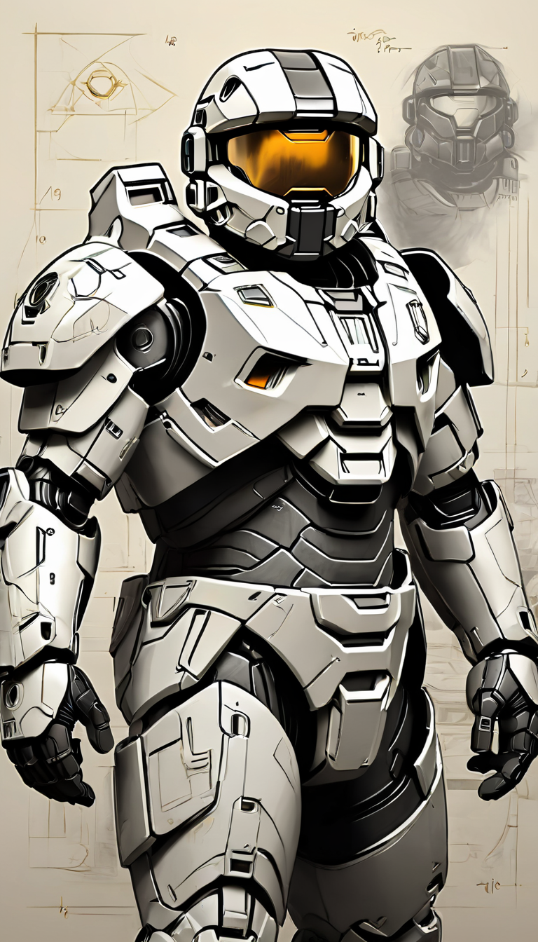 sketch_sheet, a drawing of a Masterchief, ((black and white:1.5)), (paper background:1.5) golden ratio, detailed, sharp focus, intricate, still, dynamic, full color, attractive, cinematic, highly saturated colors, surreal, open intriguing, very inspirational, glowing, magical, thought fascinating, creative, positive, unique  <lora:sketches-sdxl:1>