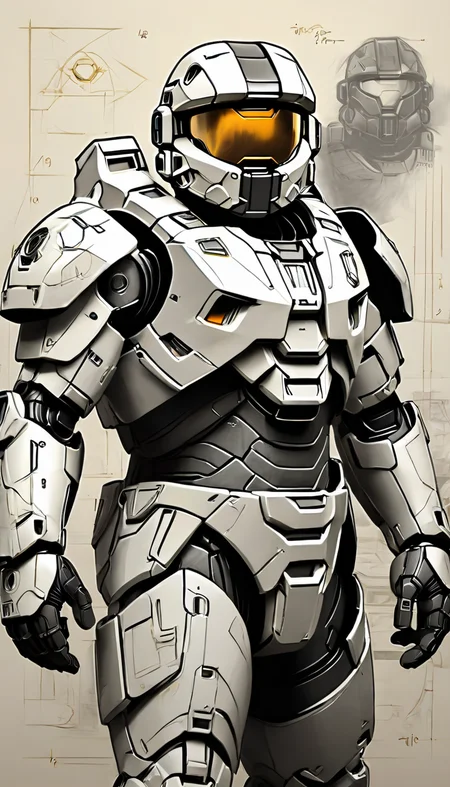 sketch_sheet, a drawing of a Masterchief, ((black and white:1.5)), (paper background:1.5) golden ratio, detailed, sharp focus, intricate, still, dynamic, full color, attractive, cinematic, highly saturated colors, surreal, open intriguing, very inspirational, glowing, magical, thought fascinating, creative, positive, unique <lora:sketches-sdxl:1>