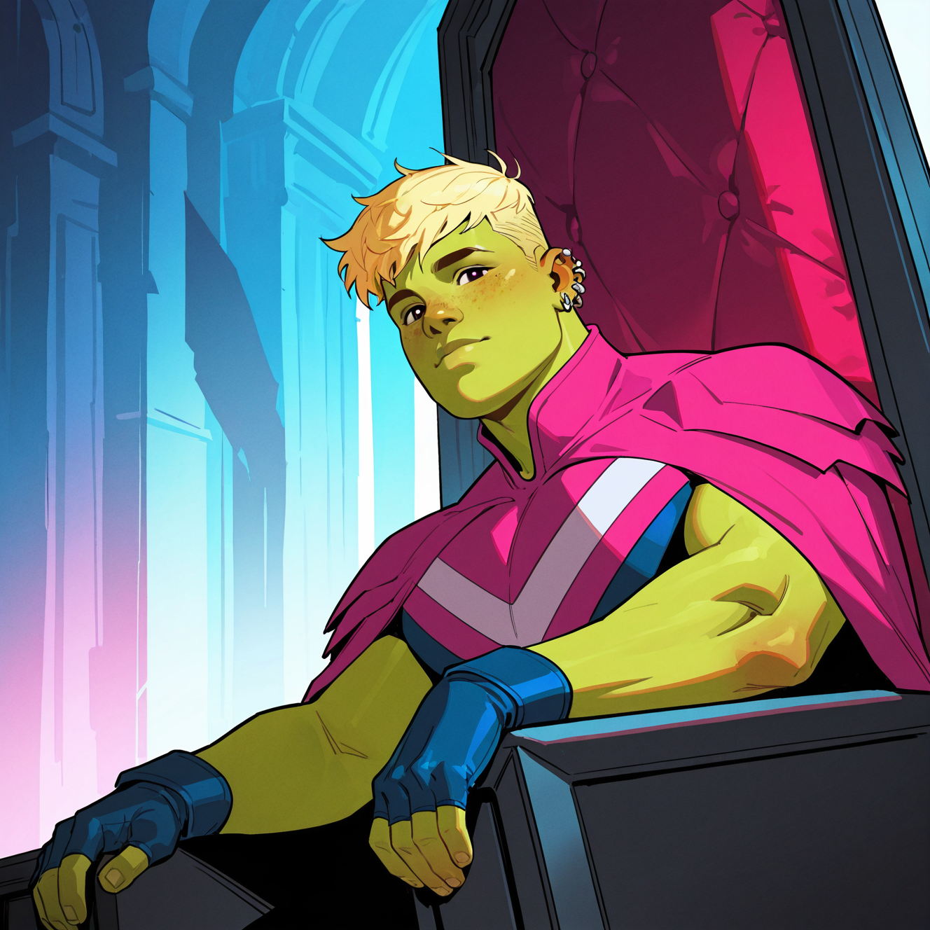 <lora:HULKLING:1>
hulkling, solo, looking at viewer, short hair, blonde hair, 1boy, gloves, closed mouth, jewelry, sitting, male focus, earrings, fingerless gloves, cape, colored skin, shadow, piercing, ear piercing, freckles, partially fingerless gloves, red cape, blue gloves, green skin, undercut, animification, superhero, alien, throne, pink cape, multicolored hair
, motion blur, film grain, abstract, natural lighting, tilted angle, fantasy, cinematic, dynamic view, very awa, masterpiece, best quality, absurdres, newest, perfect quality, detailed background, intricate details, (artist:fl \(l-fl\):0.7), (artist:tooboshoo:0.7), (artist:dizdoodz:0.8)