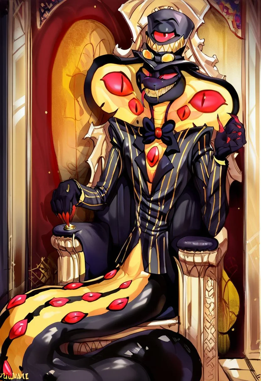 SP[HH], Sir[HH], Sir pentious[HH], Sir_pentious[HH], grey skin, grey body, clawed hands, long hair, multiple eyes, hat, top hat, black suit, suit, no pants, bowtie, black traditional bowtie, traditional bowtie, red eyes, pink sclera, snake tail, snake, no legs, no humans, male,   (Male anthro snake:1.3).
Realistic, Furry, Animalistic features, Anthro, Detailed, Shaded,
1 boy, male, alone, by himself, solo.
clothing, clothed, top hat, black suit, suit, no pants, bowtie, black traditional bowtie, traditional bowtie.
athletic, slender body. (athletic body), (dark grey body:1.1)
HD, digital painting, digital art, masterpiece
Sitting, sitting down, on throne.
grin, sharp teeth.
throne, throne room. (inside:1.35),
HD, digital painting, digital art, masterpiece ((fullbody portrait)), digital drawing (artwork), digital media (artwork), hi res.