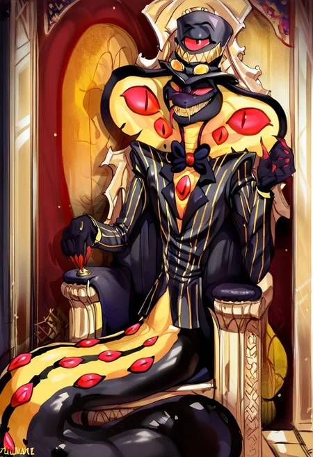 SP[HH], Sir[HH], Sir pentious[HH], Sir_pentious[HH], grey skin, grey body, clawed hands, long hair, multiple eyes, hat, top hat, black suit, suit, no pants, bowtie, black traditional bowtie, traditional bowtie, red eyes, pink sclera, snake tail, snake, no legs, no humans, male,   (Male anthro snake:1.3).
Realistic, Furry, Animalistic features, Anthro, Detailed, Shaded,
1 boy, male, alone, by himself, solo.
clothing, clothed, top hat, black suit, suit, no pants, bowtie, black traditional bowtie, traditional bowtie.
athletic, slender body. (athletic body), (dark grey body:1.1)
HD, digital painting, digital art, masterpiece
Sitting, sitting down, on throne.
grin, sharp teeth.
throne, throne room. (inside:1.35),
HD, digital painting, digital art, masterpiece ((fullbody portrait)), digital drawing (artwork), digital media (artwork), hi res.