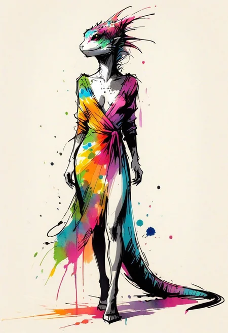 ink sketch, furry, lizard, lizard head, mutant girl, solo, translucent temptation colorful, full body, beautiful colorful dress, playboy poses, ink splash background, long tail