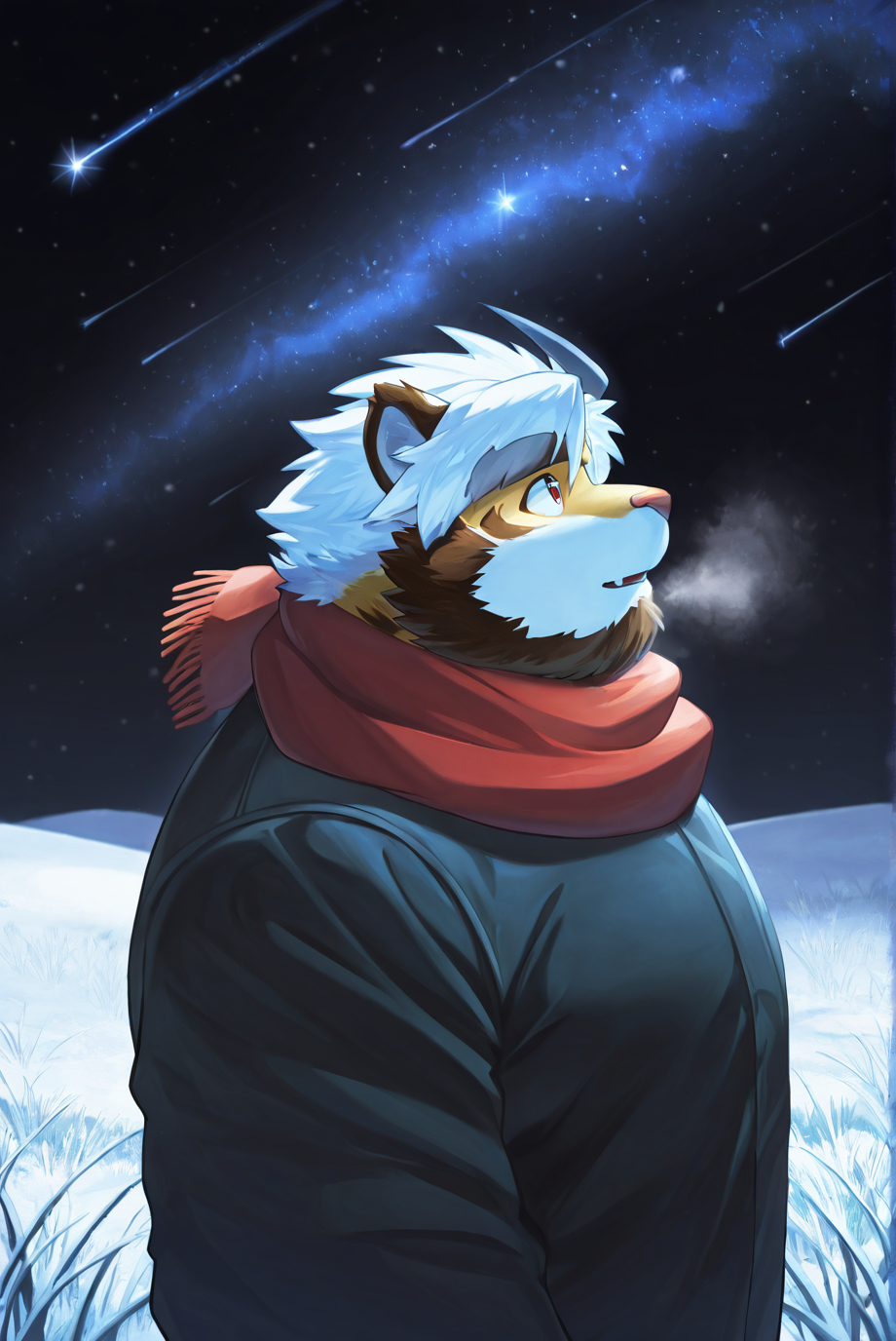 safe_pos, furry male, male focus, solo, thick eyebrows, furry, tiger, cute, upper body, close up, tear beads, looking up, from side, heavy breathing, cold weather, standing, anthro, kemono, shooting stars, moon crest, clear black sky, thick eyebrows, facial hair, scarf, night, light radiance from stars, white out grass field, outdoor, snow on the ground, multiple layers of clothes, jacket BREAK very aesthetic, masterpiece, very impressive background, best quality, high quality, absurd res, high detail, smooth drawing,  <lora:Character_Trad_Mon-Mon_ILXL:1>