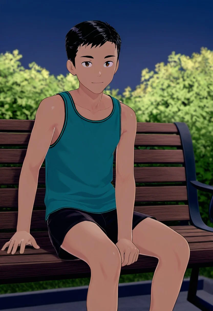 harmard, black hair, short hair, brown eyes, 1boy, solo, solo focus, turquoise color tank top, black shorts, young man, youthful, outdoor, at night day, small body, sit on bench