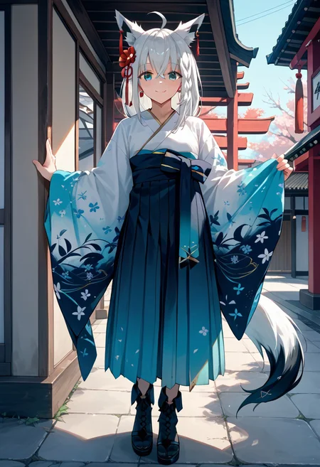 score_9,score_8_up,score_7_up,source_anime, SHIRAKAMI_FUBUKI,1girl,solo,long hair,looking at viewer,blush,smile,bangs,skirt,hair ornament,long sleeves,animal ears,hair between eyes,jewelry,closed mouth,green eyes,standing,tail,full body,braid,ahoge,white hair,sidelocks,earrings,boots,japanese clothes,virtual youtuber,hair flower,kimono,black footwear,animal ear fluff,fox ears,single braid,fox tail,floral print,fox girl,hakama,hakama skirt,cross-laced footwear,single earring,white kimono,straight-on,pentagram,