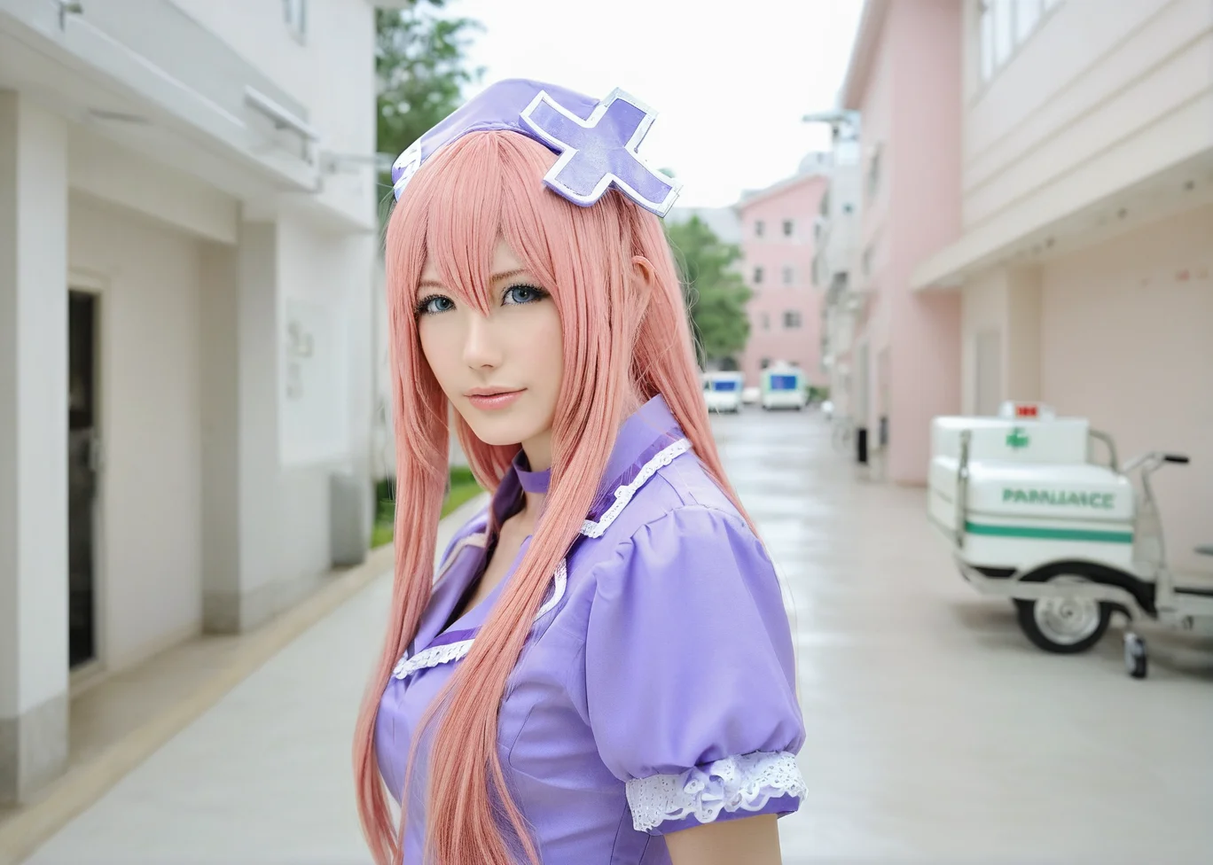 score_9, highly detailed, 1girl, nurse luka, pink hair, outdoor background, spring , ((ambulance)) <lora:Nurse_Luka_Realistic_Pony:1>