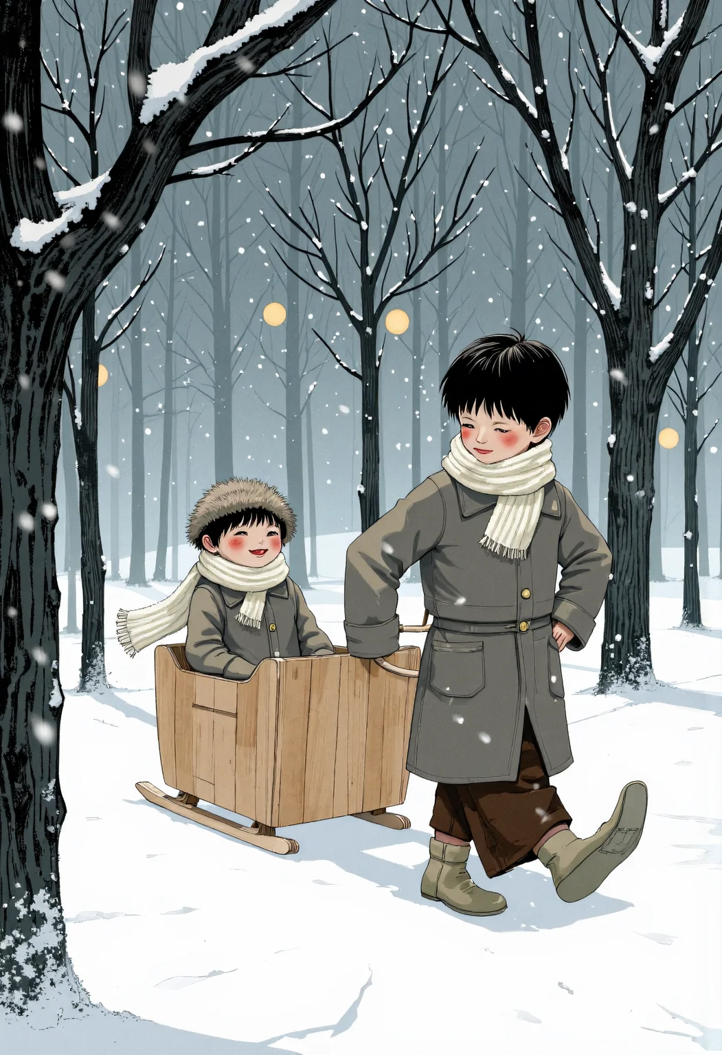 By Taiyo Matsumoto: A small boy in an old coat, his cheeks red from the cold, pulls a wooden sled through a snowy park. On the sled sits his younger sisterâa tiny figure wrapped in a thick scarf that trails to the ground, her eyes sparkling with joy. Bare trees with web-like branches surround them, and snow falls in large, abstract flakes. The background is blurred with wavy lines, creating a sense of motion. The color palette is cold - gray-blue with faint warm specks from distant lanterns. <lora:Taiyo_Matsumoto:1>, Mangaka style <lora:Mangaka V2:0.0.5>