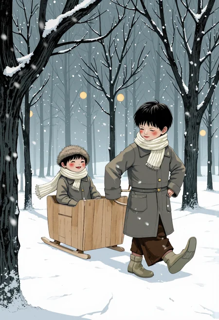 By Taiyo Matsumoto: A small boy in an old coat, his cheeks red from the cold, pulls a wooden sled through a snowy park. On the sled sits his younger sisterâa tiny figure wrapped in a thick scarf that trails to the ground, her eyes sparkling with joy. Bare trees with web-like branches surround them, and snow falls in large, abstract flakes. The background is blurred with wavy lines, creating a sense of motion. The color palette is cold - gray-blue with faint warm specks from distant lanterns. <lora:Taiyo_Matsumoto:1>, Mangaka style <lora:Mangaka V2:0.0.5>