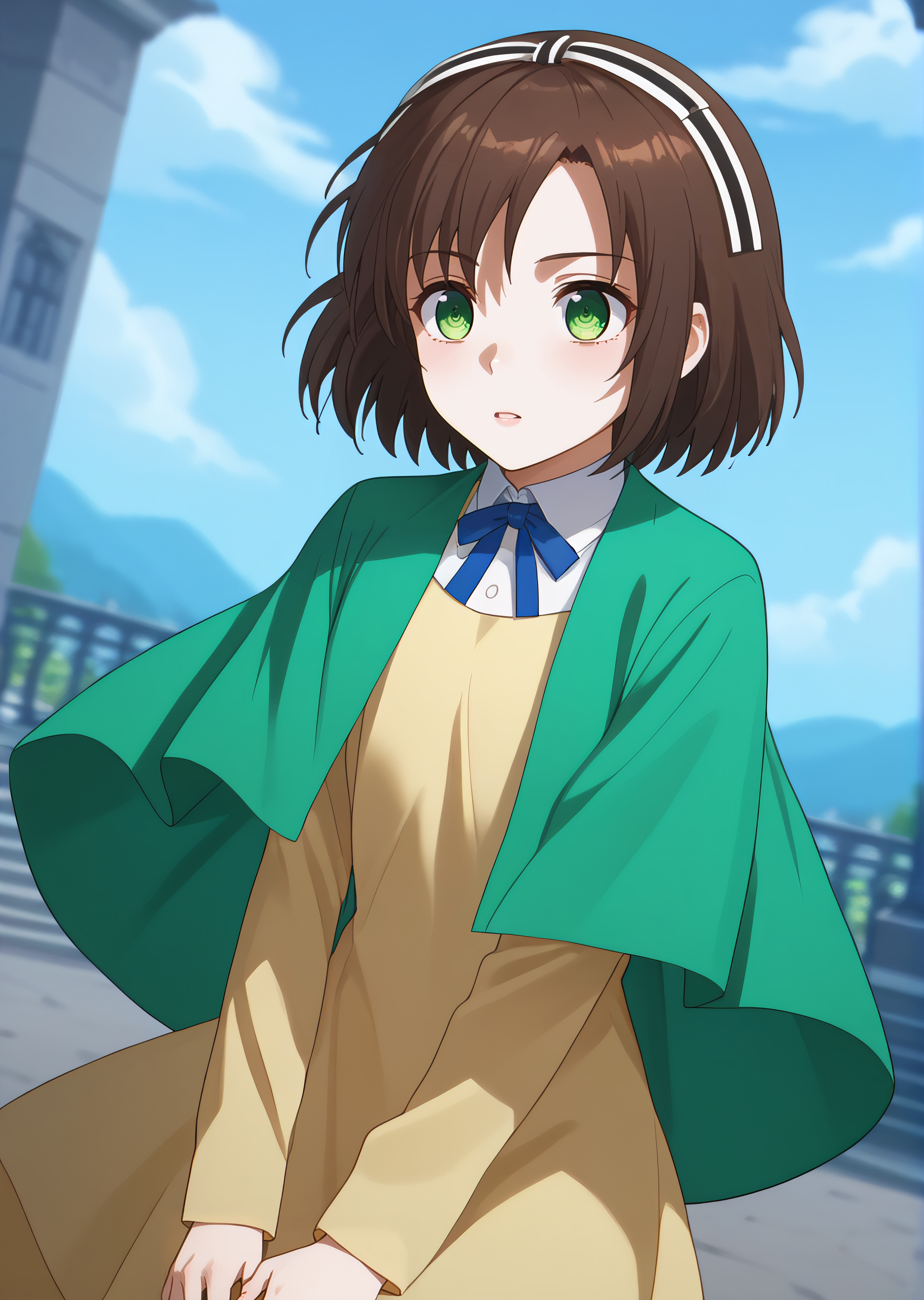 score_9, score_8_up, score_7_up, score_6_up,  rating_explicit, source_anime, cinematic shadow, cinematic light, cute and sensitive, soft skin,  characters focus, detailed eyes, detailed skins,   <lora:StS_age_slider_v1_initial_release:-1>, <lora:StS_detail_slider_v1:3> , <lora:Saegusa_Izumi:1>izumi, brown hair, eyebrows visible through hair,bangs, short hair,green eyes, hair ribbon,alternate costume, green capelet, cleavage, yellow long dress, green eyes,blue ribbon, pantyhose, dutch angle, falling,